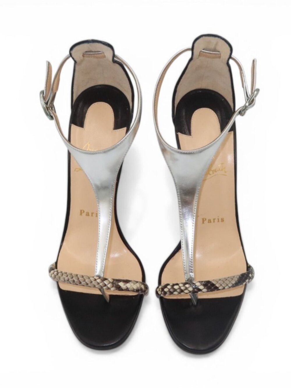 Christian Louboutin Athina Python T Strap Sandals Black Silver Size 37.5 - Picture 2 of 16